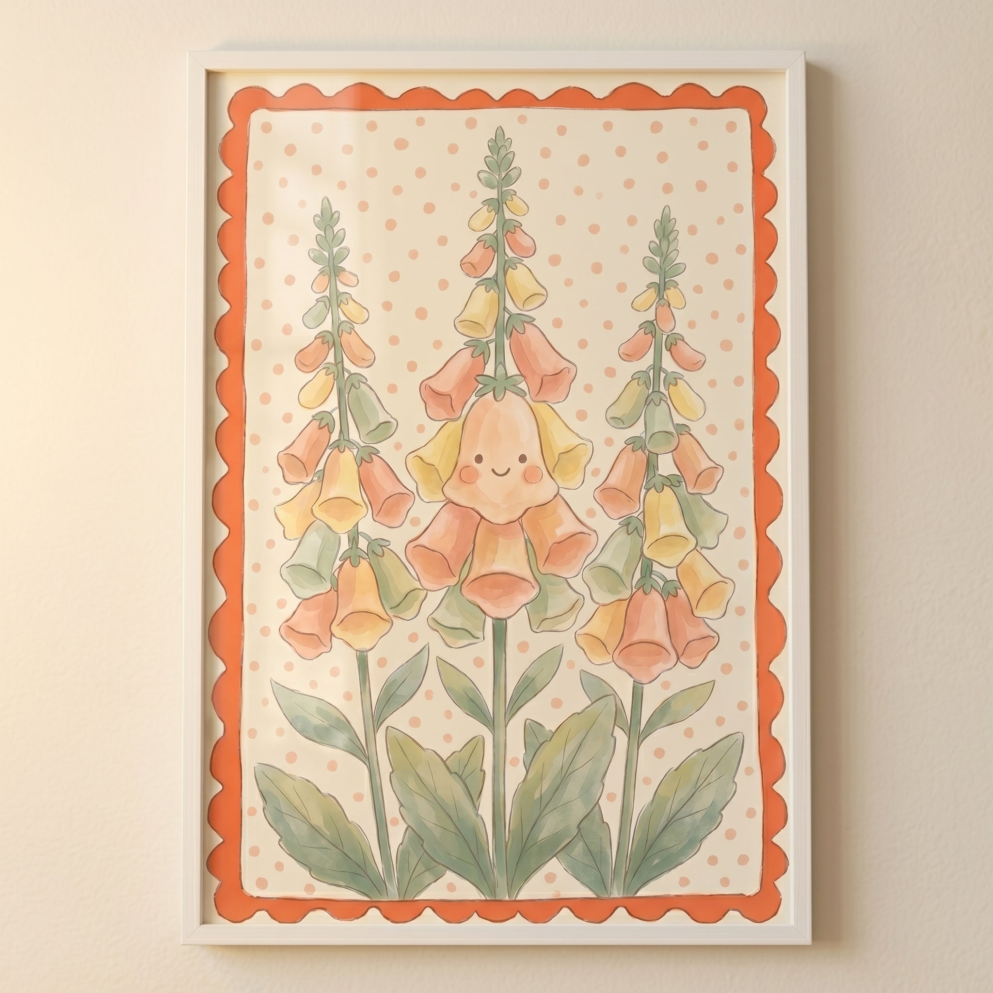 Happy Smiley Face Foxglove Flower Wall Art - Smiling Bell Blooms