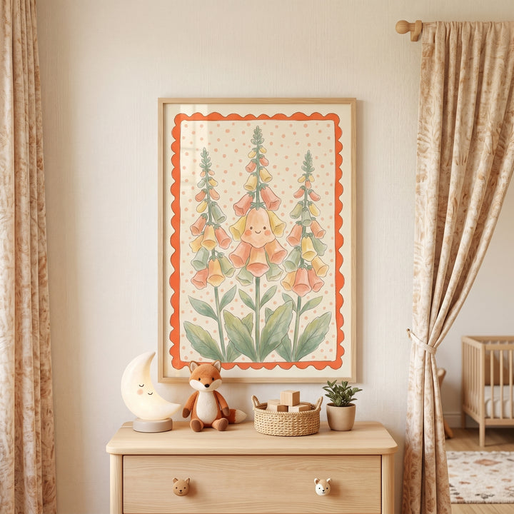 Happy smiley face foxglove flower wall art hangs in a nursery above a dresser with a stuffed fox and moon lamp.