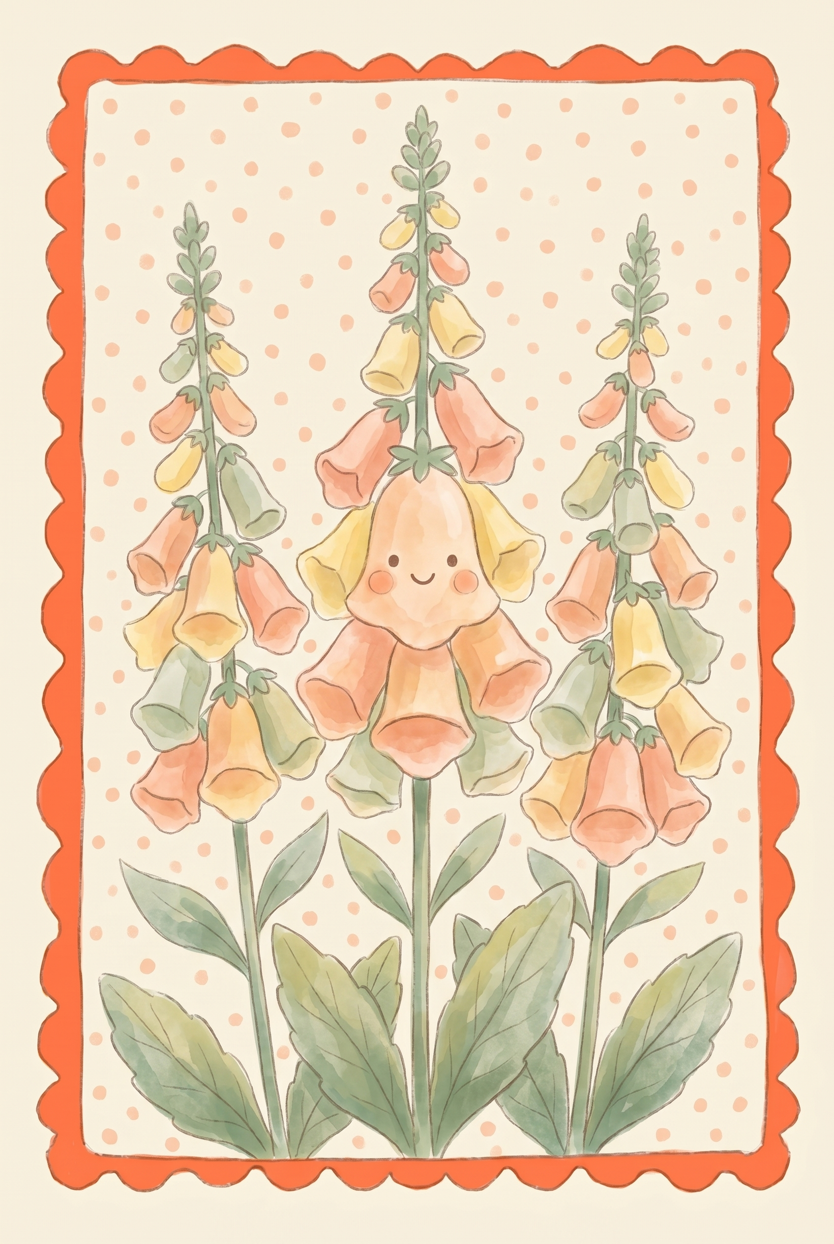 Happy Smiley Face Foxglove Flower Wall Art - Smiling Bell Blooms