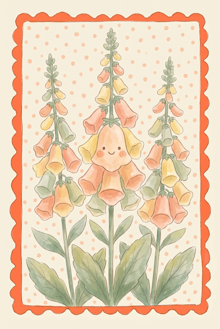 Happy smiley face foxglove flower wall art with three watercolor plants and orange polka dots inside a scalloped border.