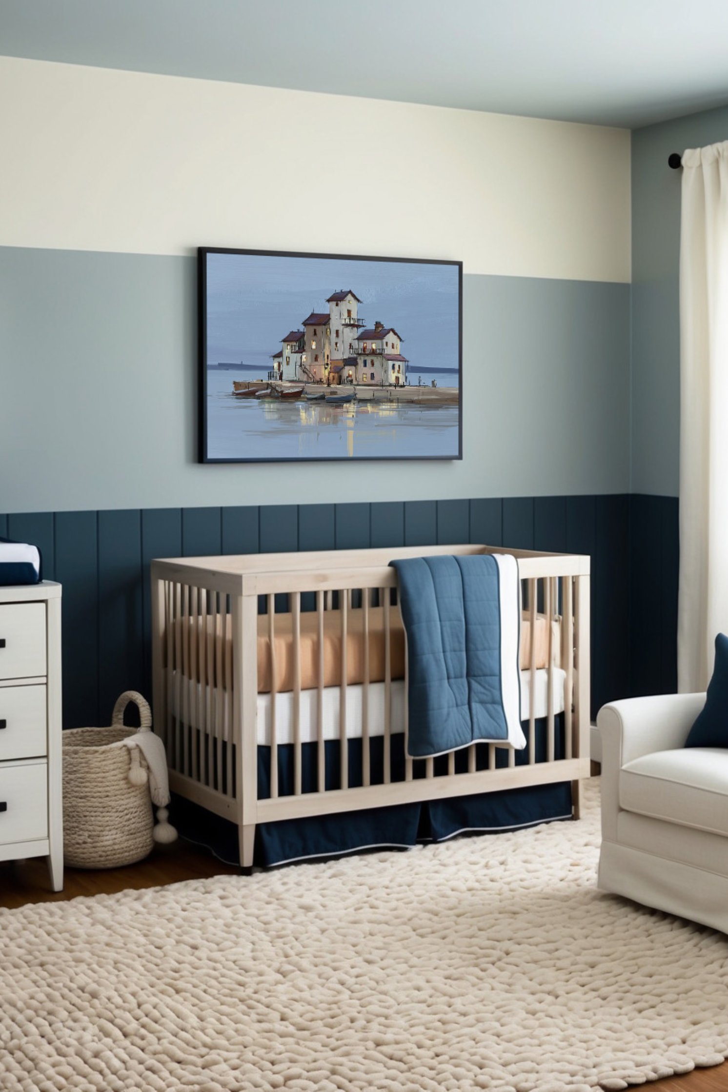 A sophisticated nursery styled in deep navy, soft beige, and cream tones, featuring a modern crib with cozy bedding. A captivating painting of illuminated seaside houses reflected in calm waters adds warmth and a serene coastal touch to the room.