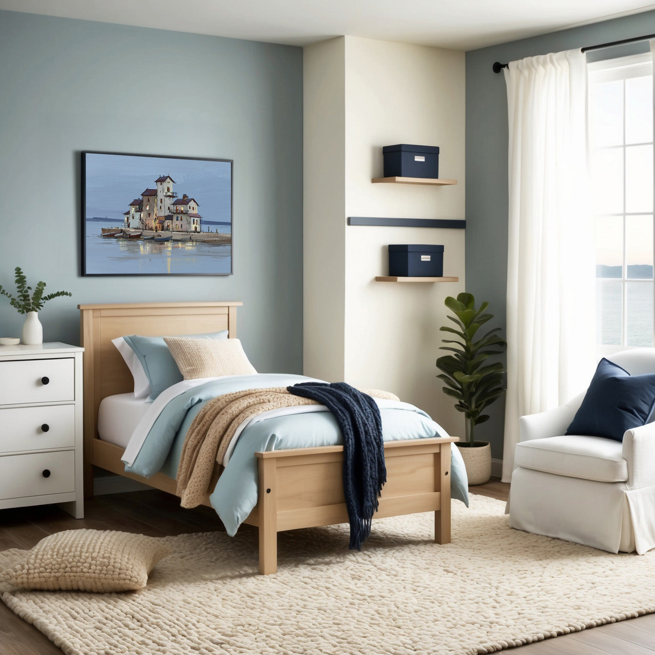 Cozy and inviting bedroom styled in calming tones of beige, blue, and white, featuring a comfortable single bed, plush armchair, wooden accents, and artwork of a charming coastal building reflecting on tranquil water.