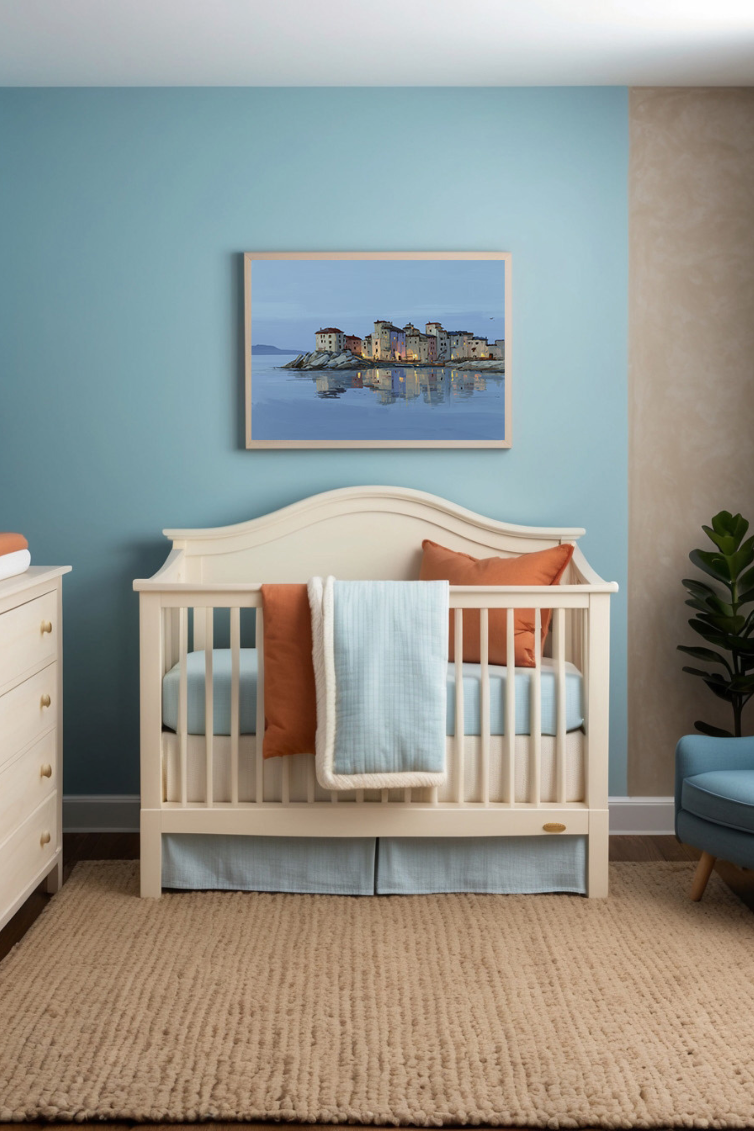 Inviting nursery with soft blue walls, cream-colored crib, and charming artwork depicting a seaside village reflected in calm waters, creating a warm and welcoming coastal ambiance.