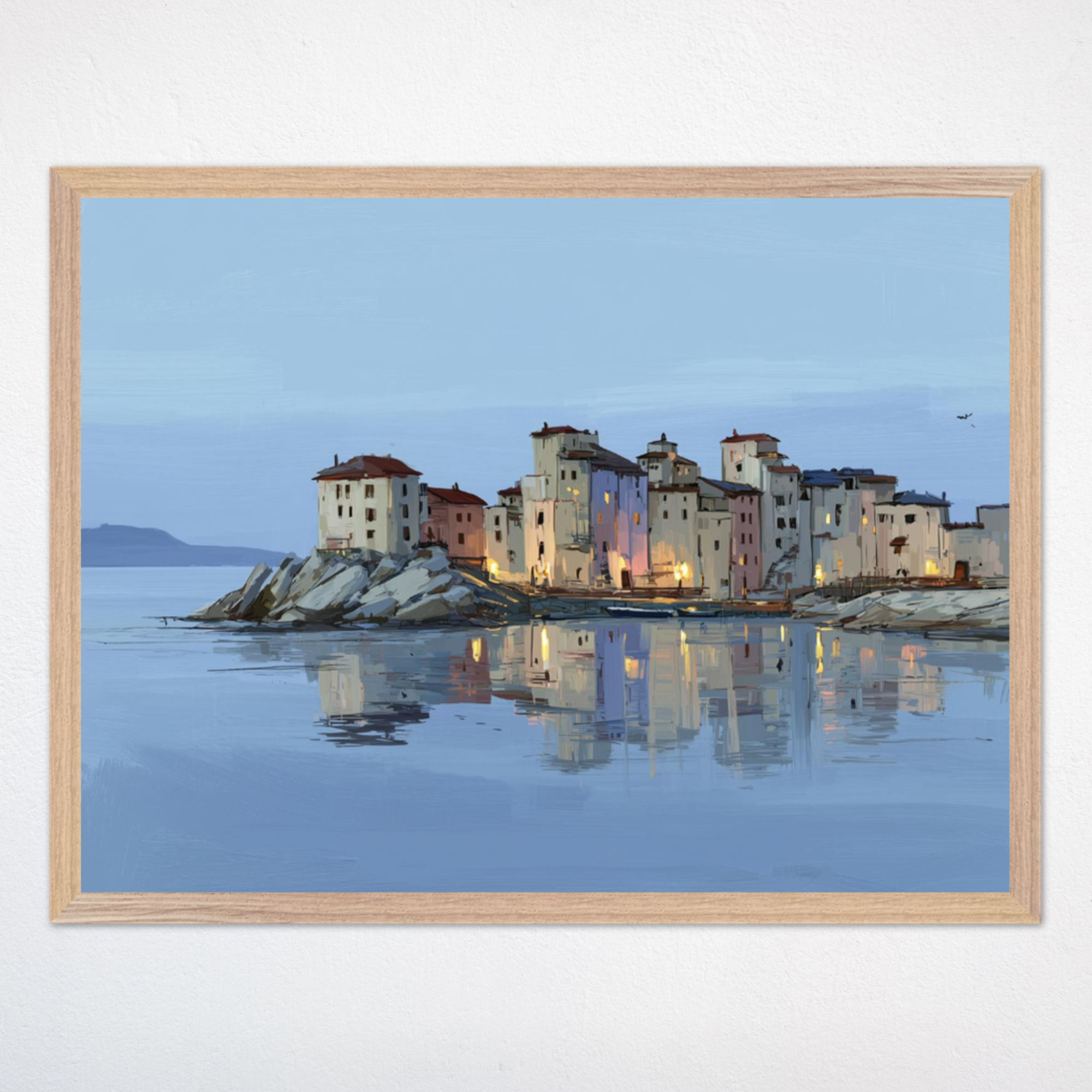 A charming coastal village at twilight, with softly glowing lights reflected on calm water. The muted blues and gentle brush strokes convey a peaceful, dreamy atmosphere reminiscent of quiet evenings by the sea.