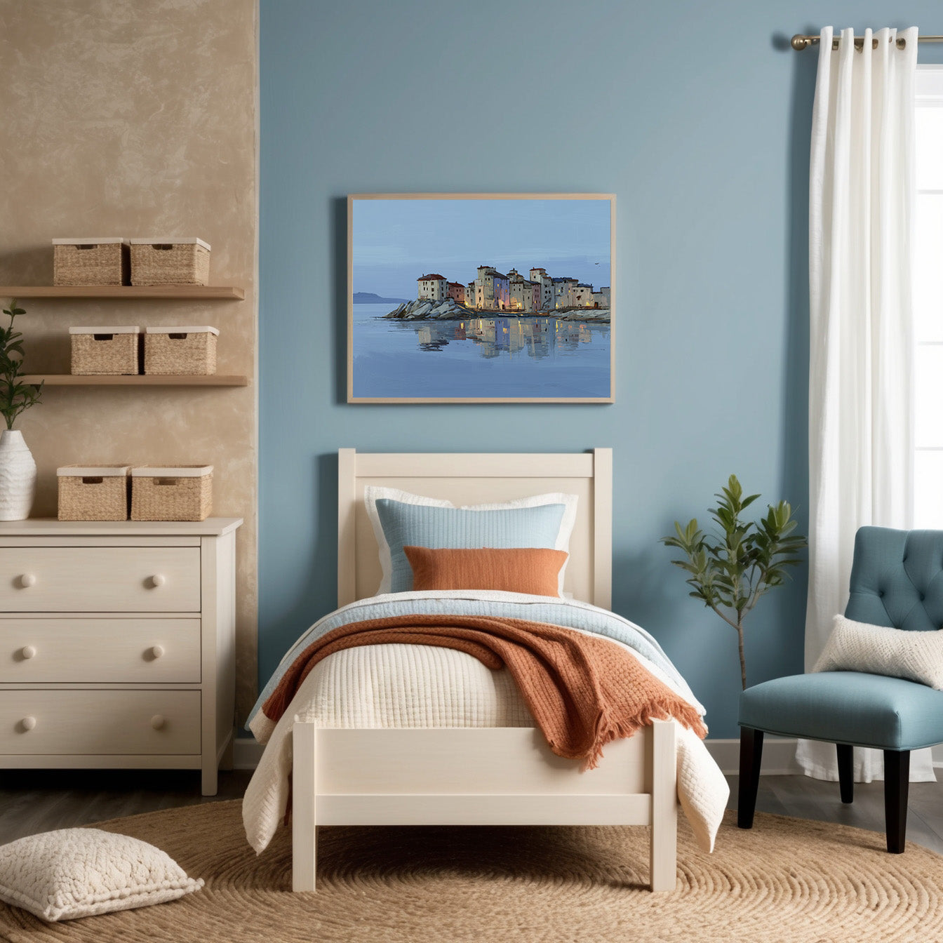 Cozy bedroom styled with soothing blue walls, warm beige accents, and soft layered bedding. Above the bed, a calming painting of a quaint coastal village with illuminated houses reflecting on the water enhances the room's serene, seaside charm.