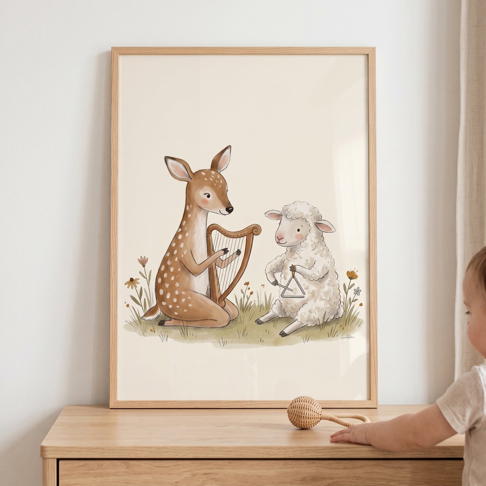 A deer and a sheep play instruments in this harp playing musical animal wall art framed on a wall above a dresser.