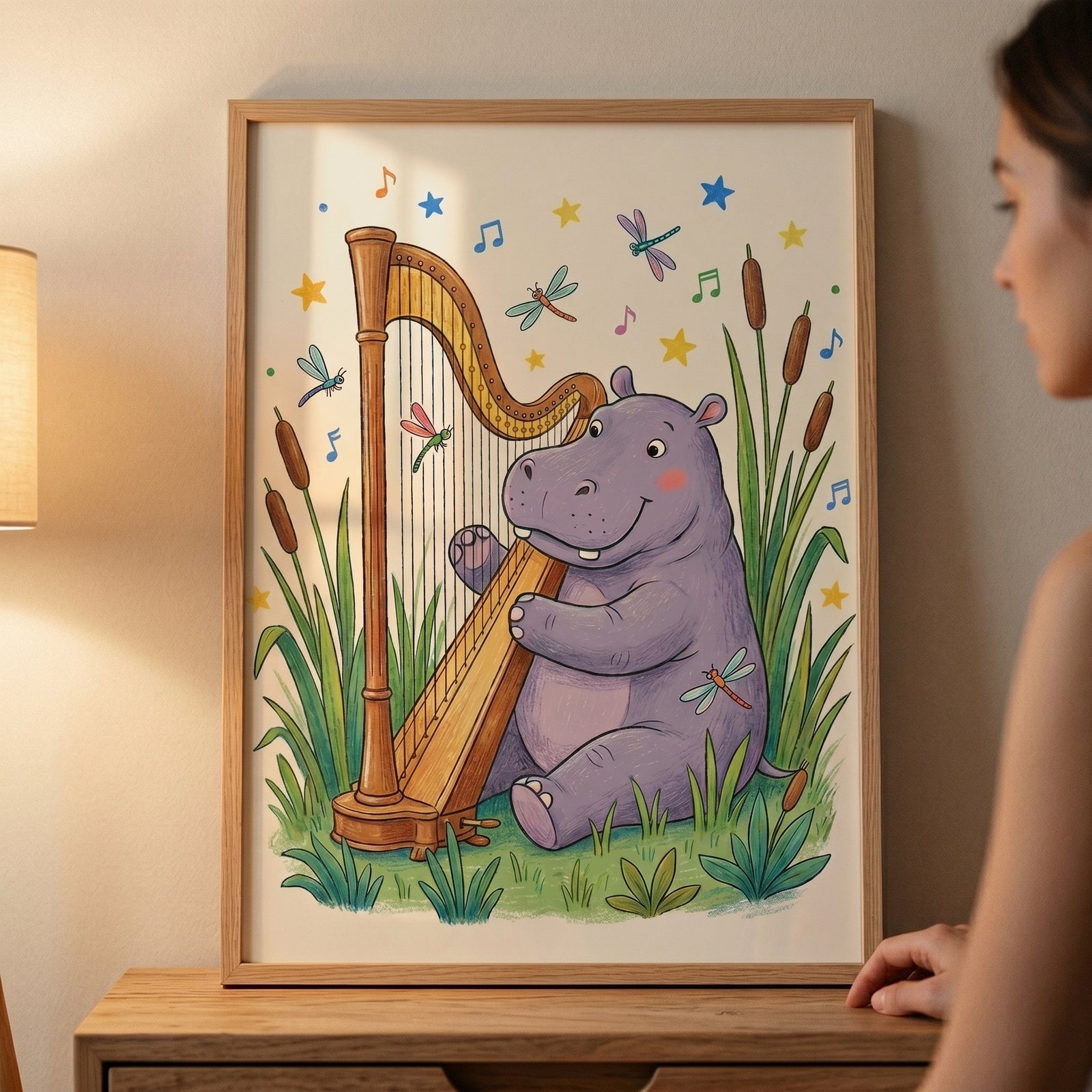 Framed harp playing purple hippo wall art showing a cute hippo in a field with cattails, stars, and musical notes.