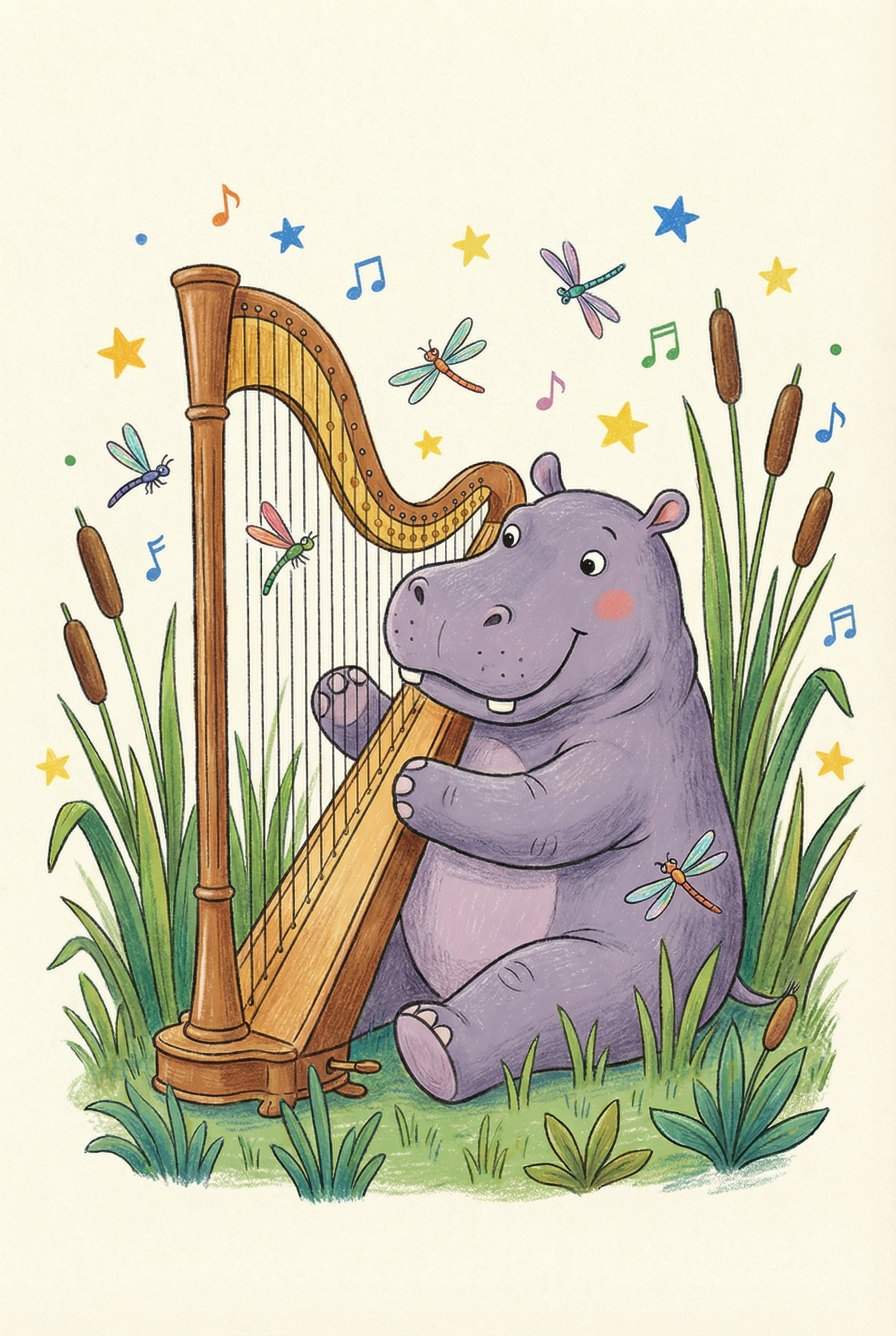 Harp Playing Purple Hippo Wall Art - Hippo Harp Harmony