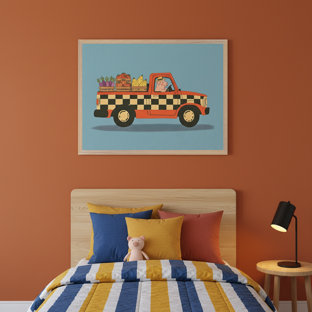 Kid's bedroom with a wooden bed, colorful pillows, and striped duvet. A large framed illustration of a pig driving a red checkered farm truck full of vegetables hangs above the bed. A black lamp is on a wooden side table.