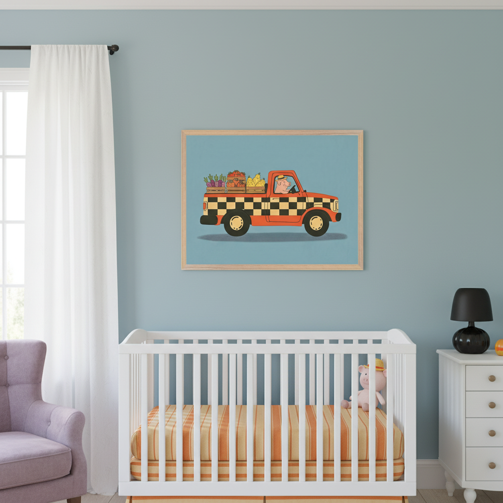 Modern nursery with a white crib, purple armchair, and white dresser. A framed cartoon print of a pig driving an orange checkered truck filled with vegetables hangs on the light blue wall above the crib.