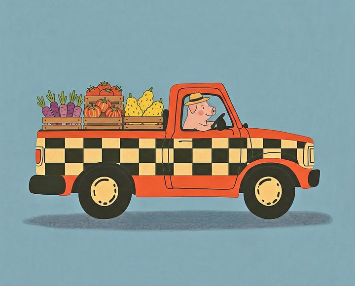 A cheerful pig in a straw hat drives an orange truck with a black checkerboard pattern, carrying crates of fresh vegetables like carrots, tomatoes, and pears, making it a colorful and farm-friendly illustration for all ages.

