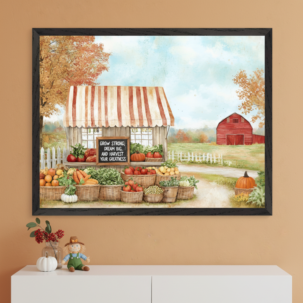 Modern room with a white console table. A large framed watercolor painting of an autumn farm stand with baskets of produce, a red barn, and fall trees hangs above the table. A sign on the stand says "GROW STRONG, DREAM BIG, AND HARVEST YOUR GREATNESS".