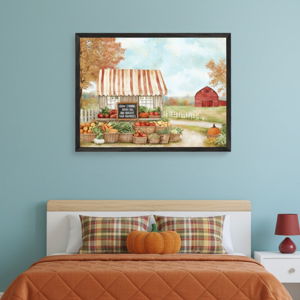Modern bedroom with a bed featuring an orange quilted comforter, plaid pillows, and a pumpkin pillow. A large framed painting of a fall harvest market stall filled with produce, autumn trees, and a red barn in a watercolor style hangs centered above the bed.