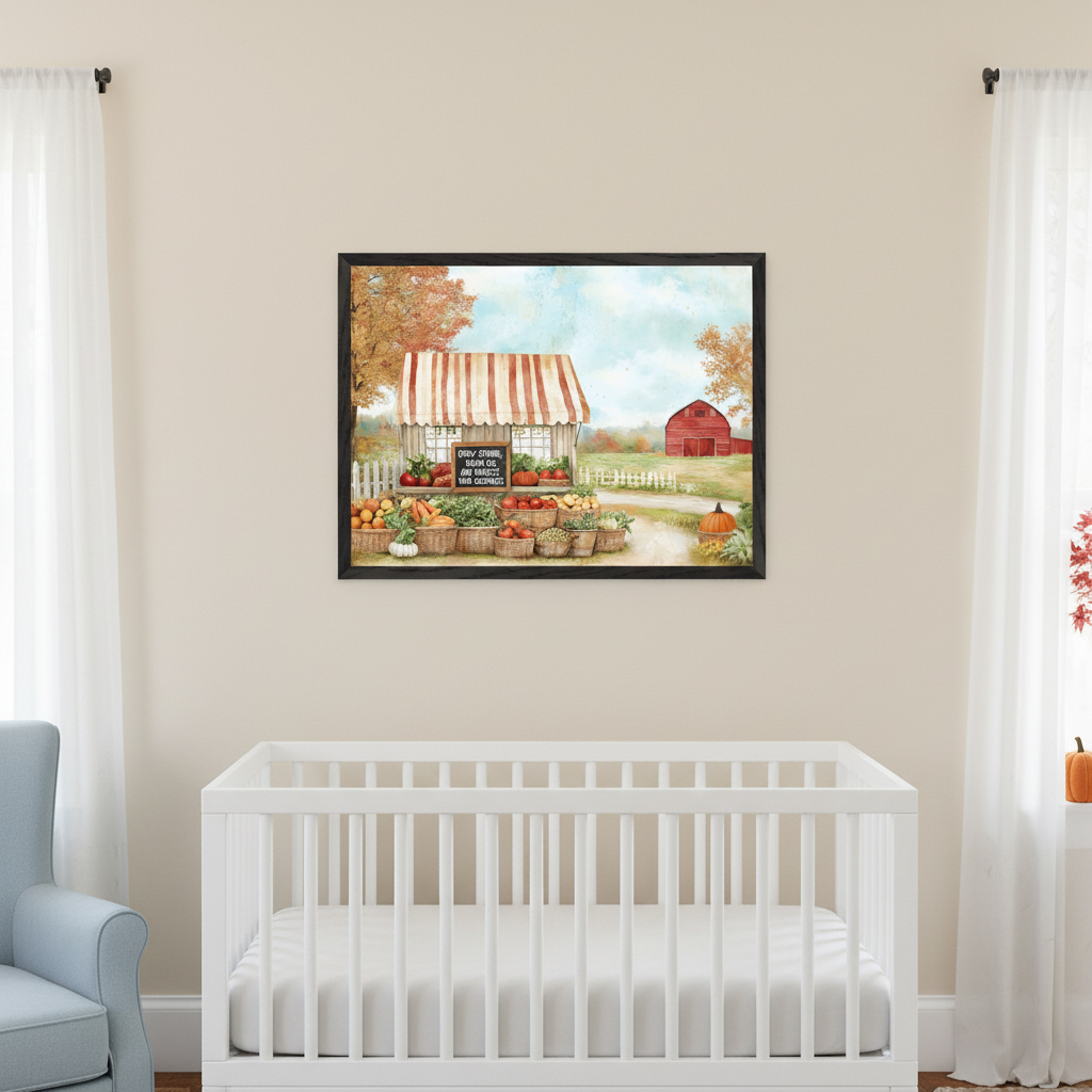 Modern nursery with a white crib and light blue armchair. A framed print of a farm stand with produce, a red barn, and autumn trees in a painterly style hangs centered above the crib on a beige wall.
