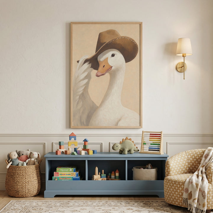Hat tipping rustic goose wall art hangs above a blue toy chest in a nursery with a dinosaur toy and patterned armchair.