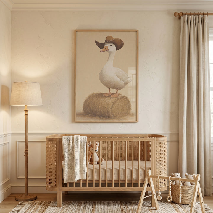Neutral nursery with a wooden crib and hay bale standing goose wall art. Features a floor lamp and beige curtains.