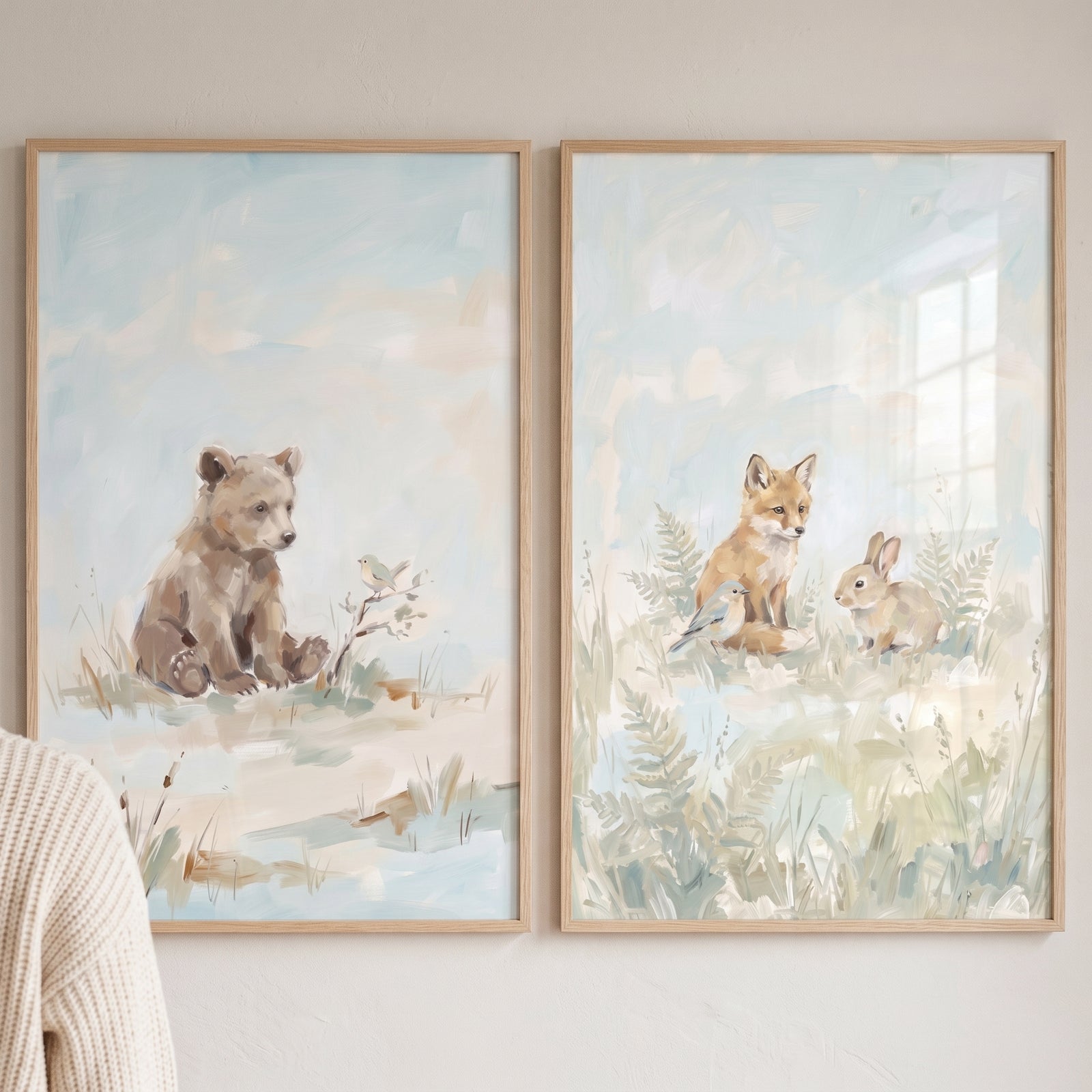Hazy blue woodland animals wall art set of 2 featuring a bear cub, fox, rabbit, and birds in a soft, misty forest.