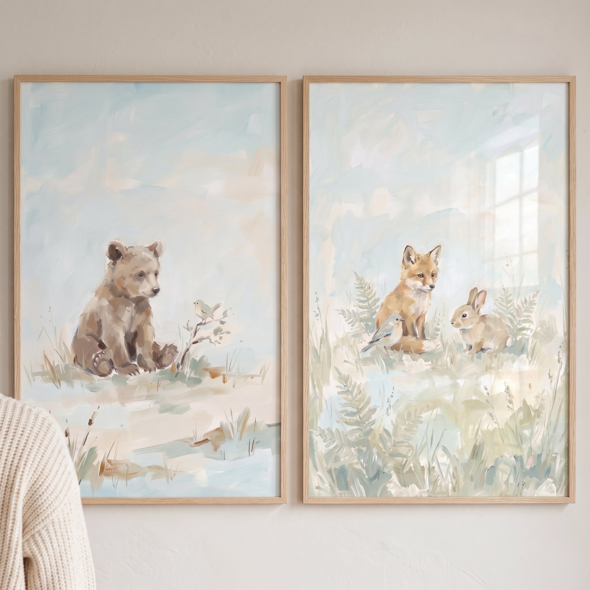 Hazy Blue Woodland Animals Wall Art Set Of 2 - Soft Meadow Creatures
