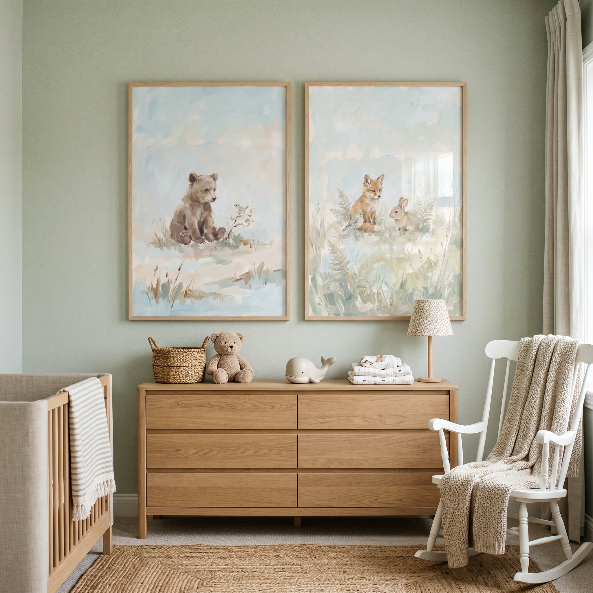 Hazy Blue Woodland Animals Wall Art Set Of 2 - Soft Meadow Creatures