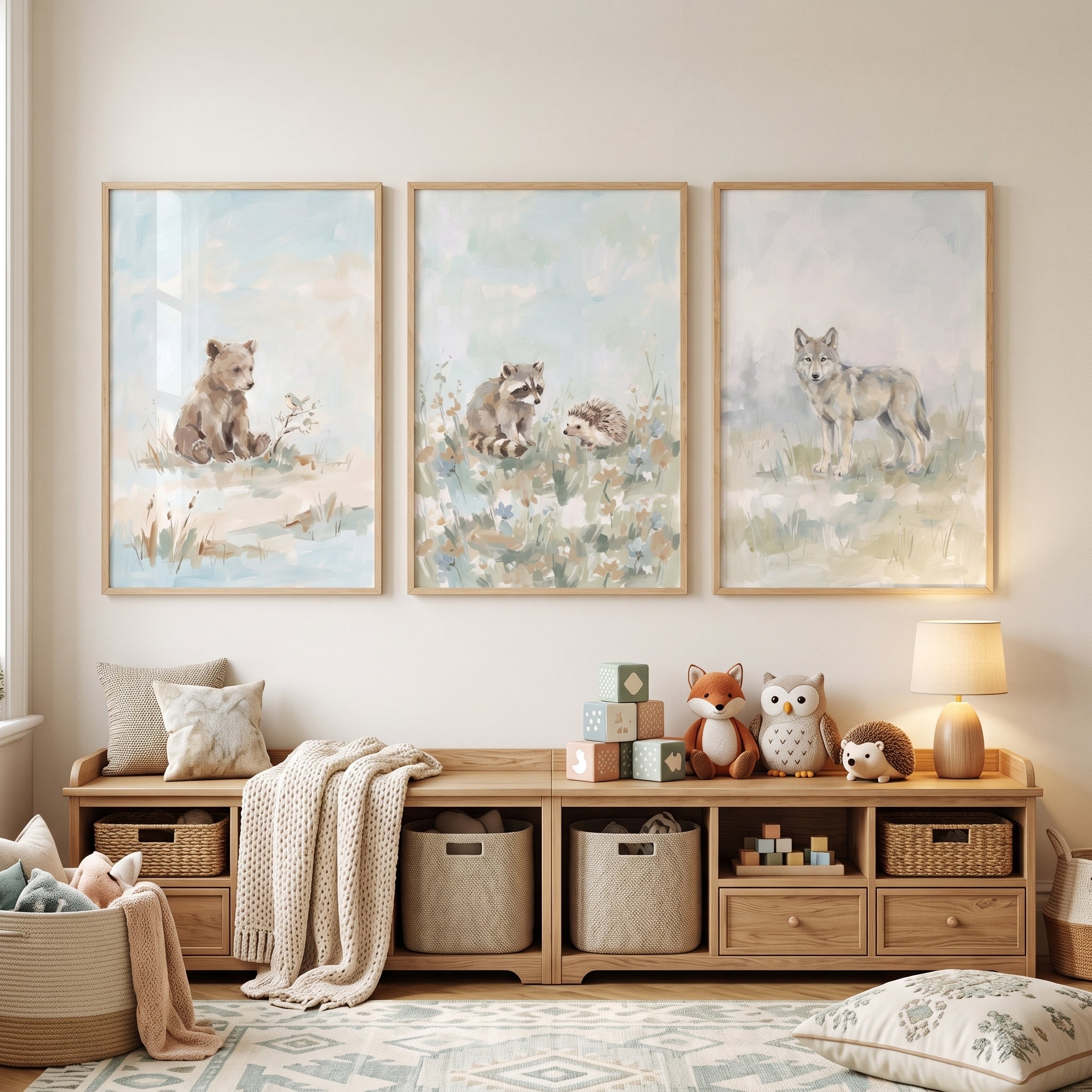 Hazy Blue Woodland Animals Wall Art Set of 3 - Gentle Wilderness Art