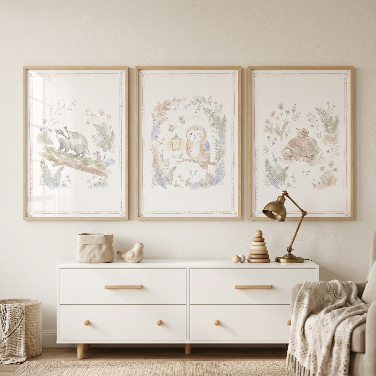 Hazy Botanical Forest Animals Wall Art Set of 3 - Woodland Friends Trio