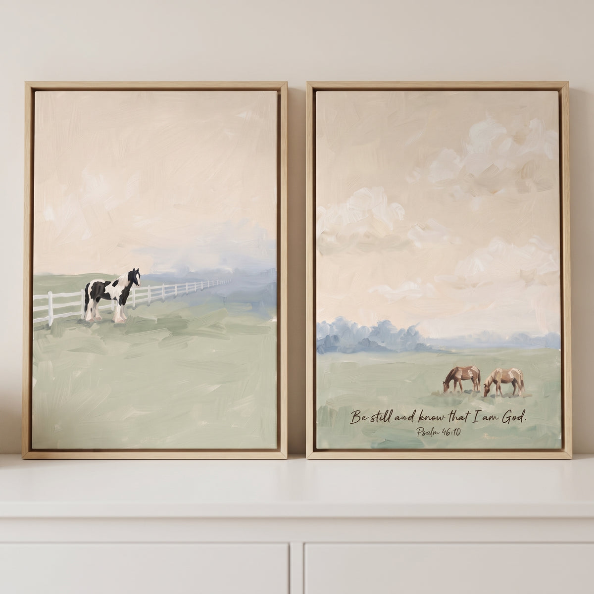 Hazy Country Field Horse Artwork Set of 2 - Serene Pasture Peace
