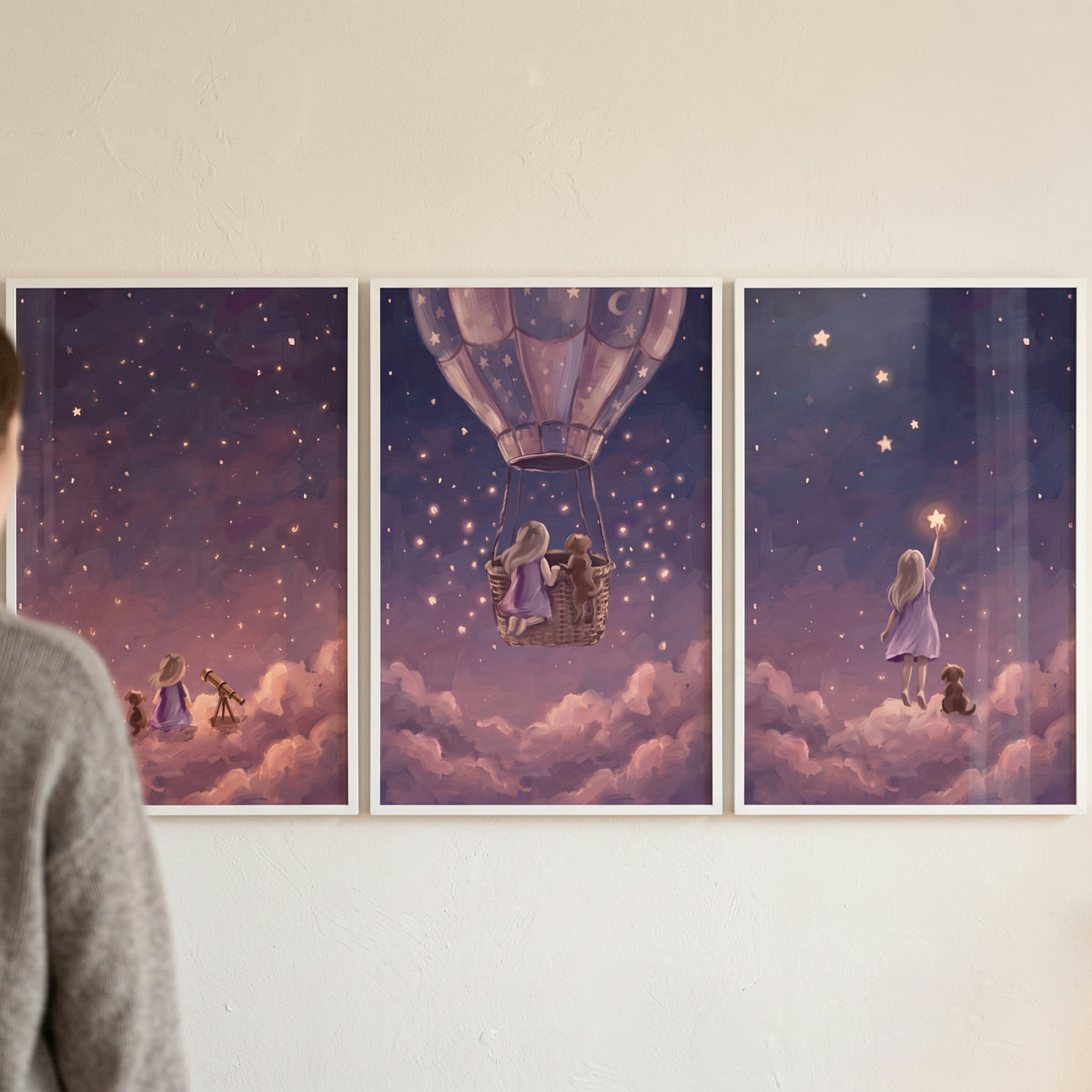 Hazy dusk girl dog wall art set of 3 featuring a child and dog in a hot air balloon and on clouds under a starry night sky.