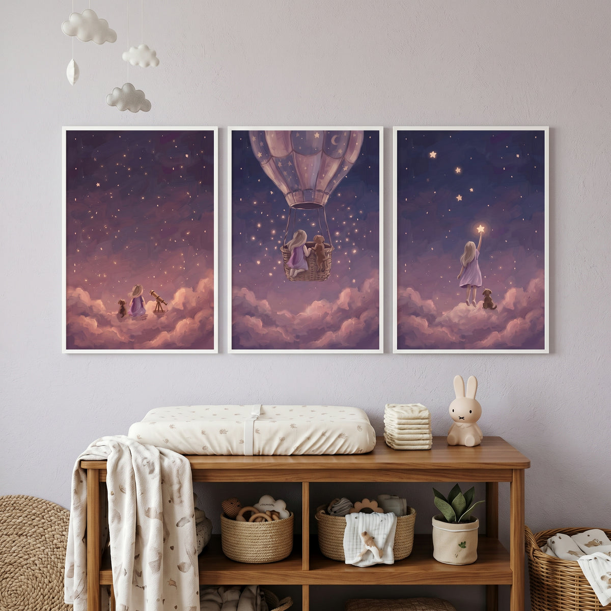 Hazy Dusk Girl Dog Wall Art Set of 3 - Starry Dream Voyage