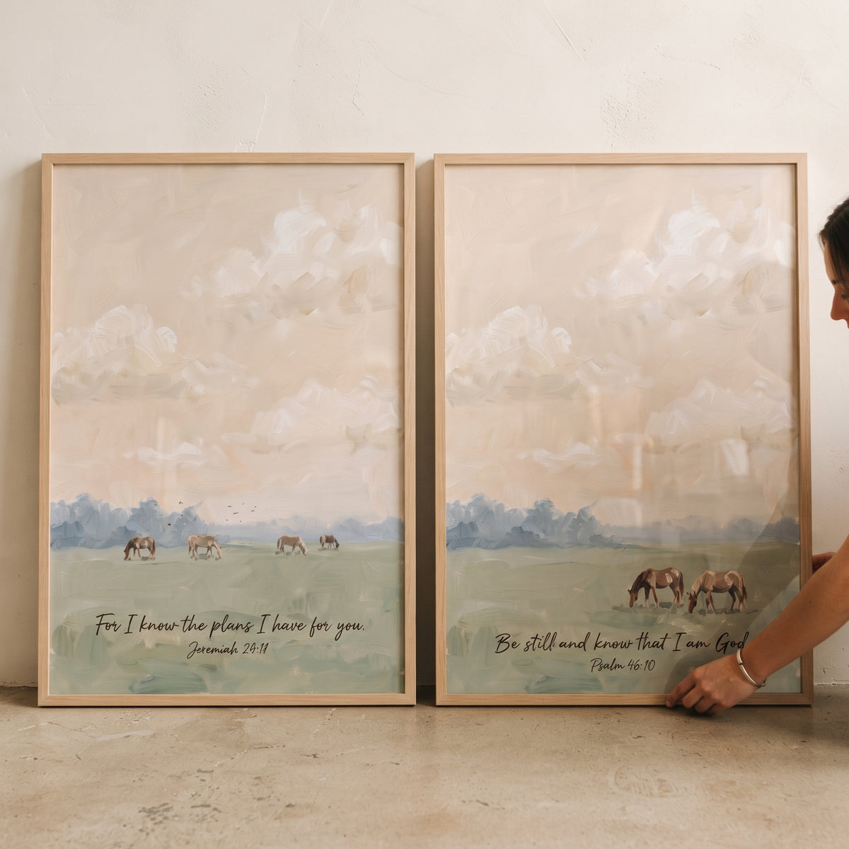 Hazy Impressionist Meadow Horses Wall Art Set Of 2 - Faithful Pasture Verses