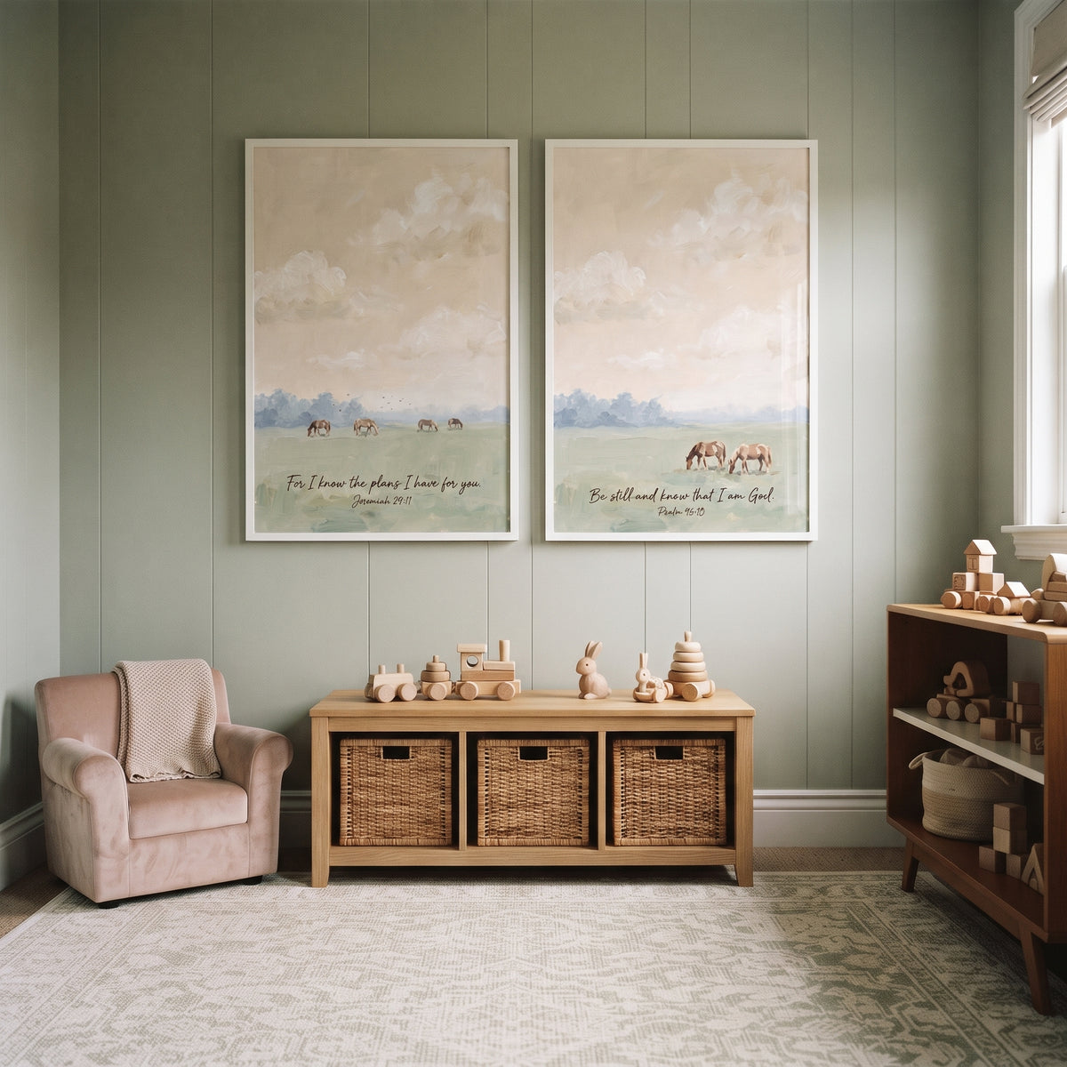 Hazy Impressionist Meadow Horses Wall Art Set Of 2 - Faithful Pasture Verses