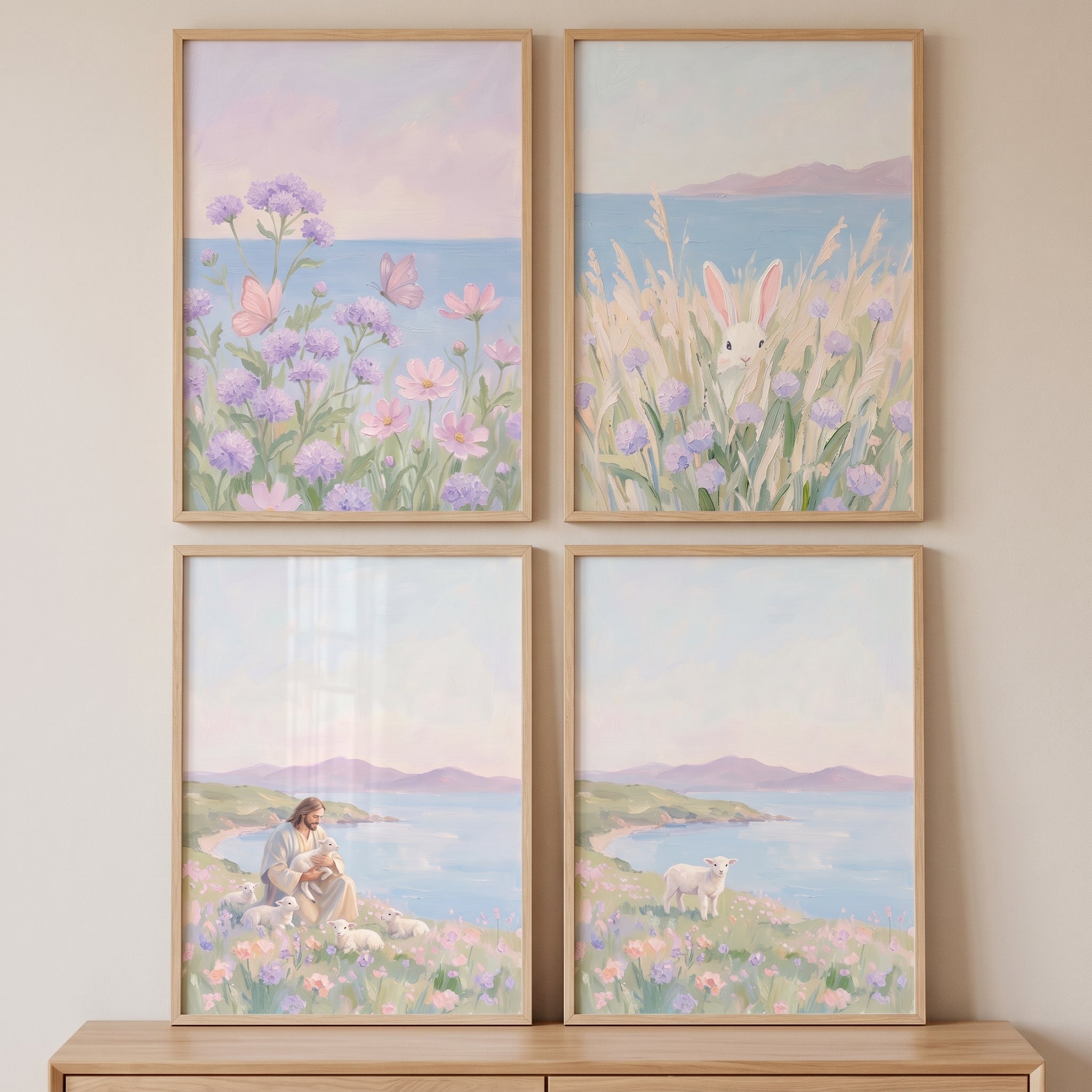 Hazy Lavender Coastal Wall Art Set of 4 - Jesus Among Lambs