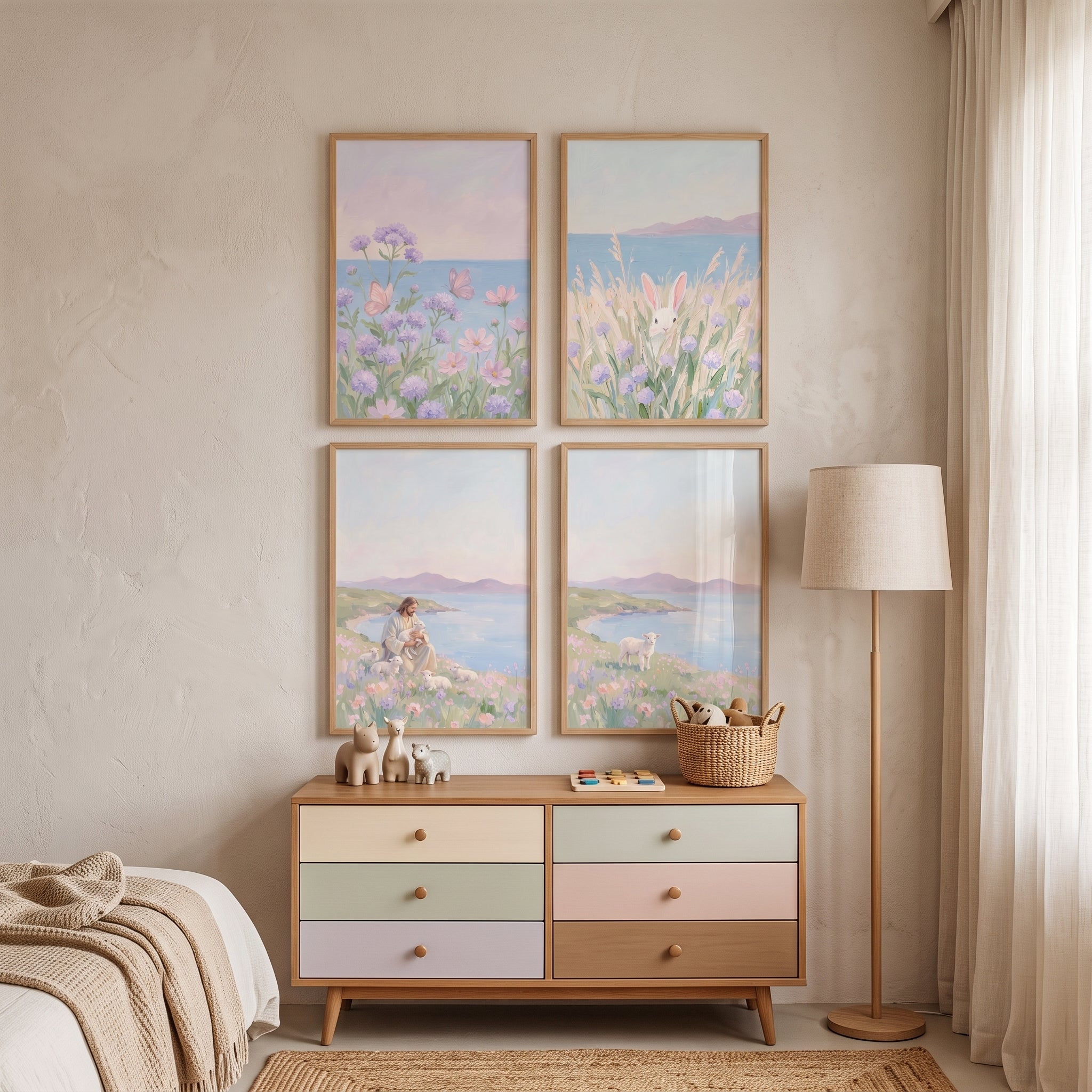 Hazy Lavender Coastal Wall Art Set of 4 - Jesus Among Lambs