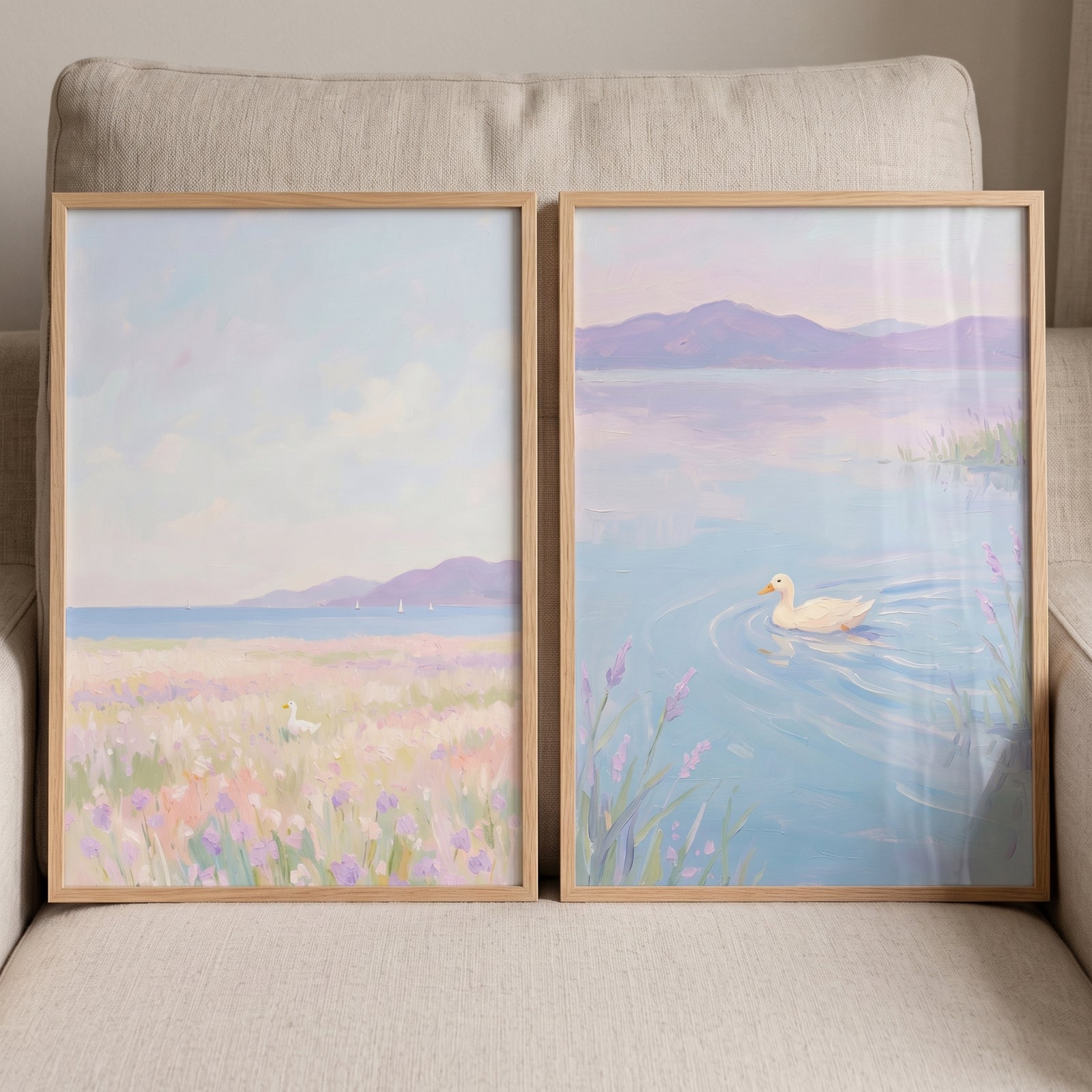 Hazy lavender mountain duck wall art set of 2 shows white ducks in soft landscapes with hills and peaceful water.