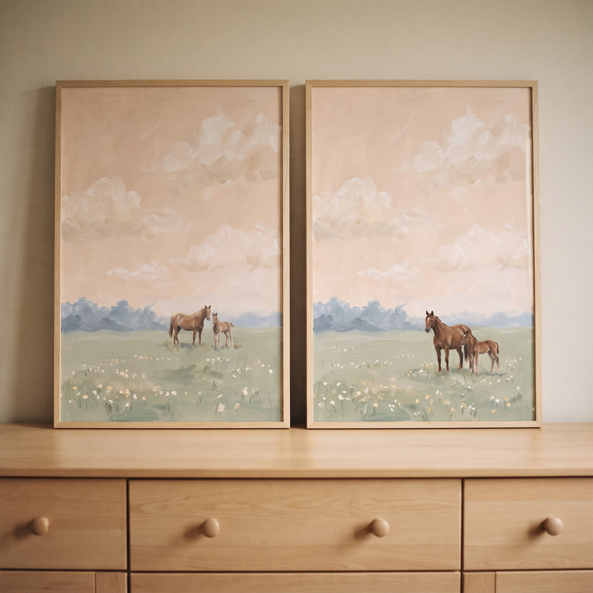 Hazy morning brown horse wall art set of 2 framed on a light wood dresser.