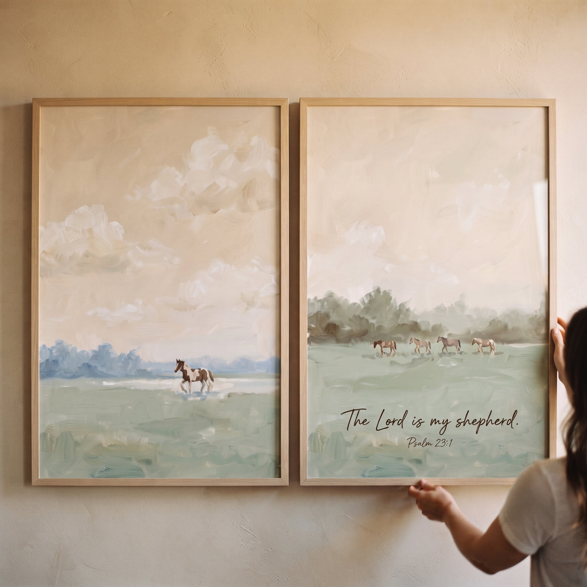hazy peach meadow horses wall art set of 2 featuring horses in a field and religious text from Psalm 23:1.