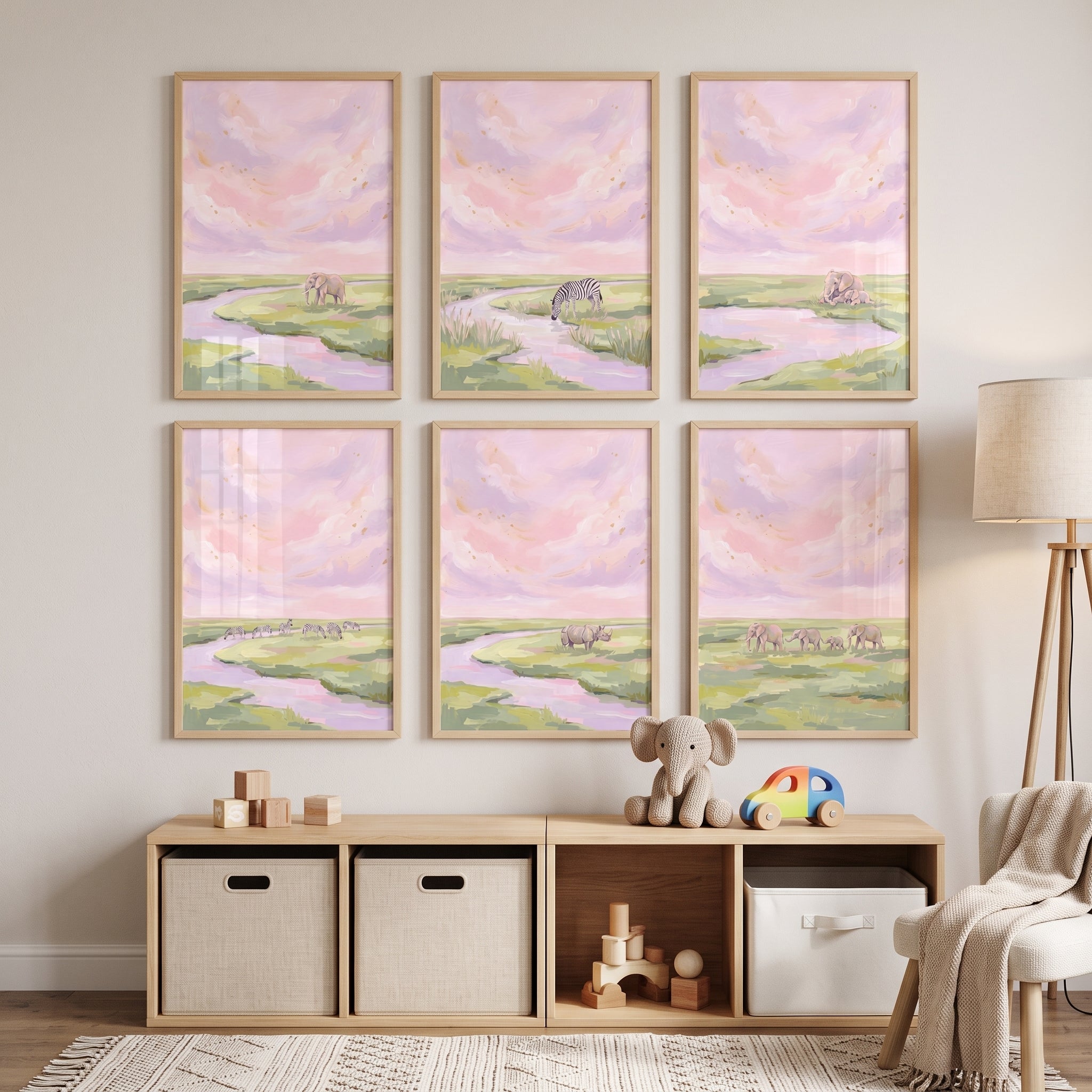 Hazy Pink Savanna Animals Wall Art Set of 6 - Pastel Savanna Scenes