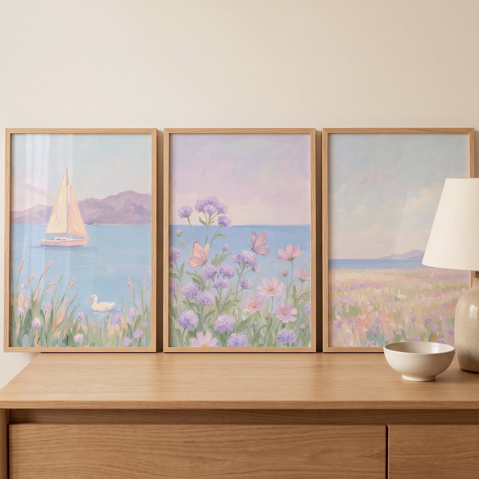 Hazy purple coastal vista wall art set of 3 depicting a sailboat, flowers, and butterflies on a dresser with a lamp.