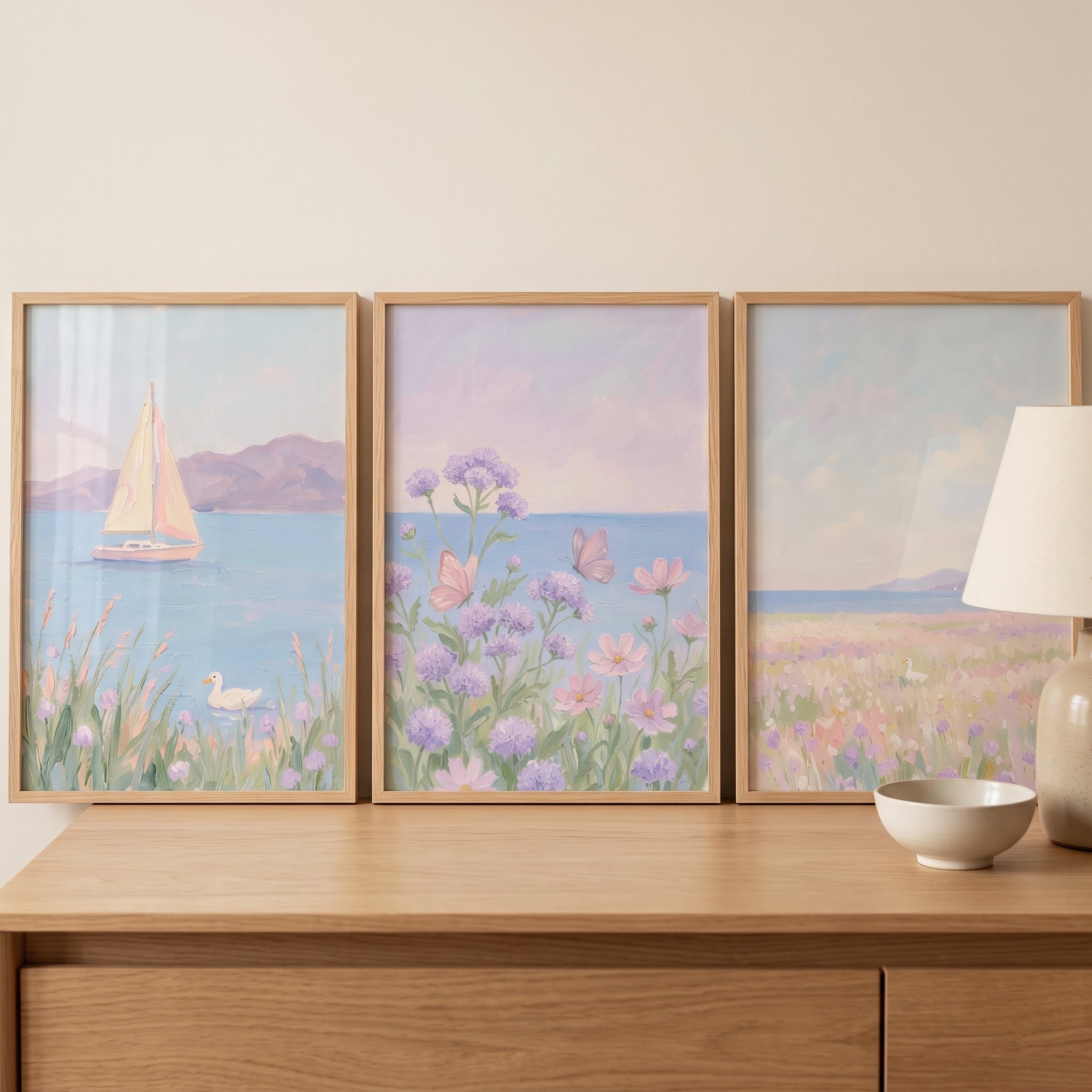 Hazy Purple Coastal Vista Wall Art Set of 3 - Pastel Coastal Calm