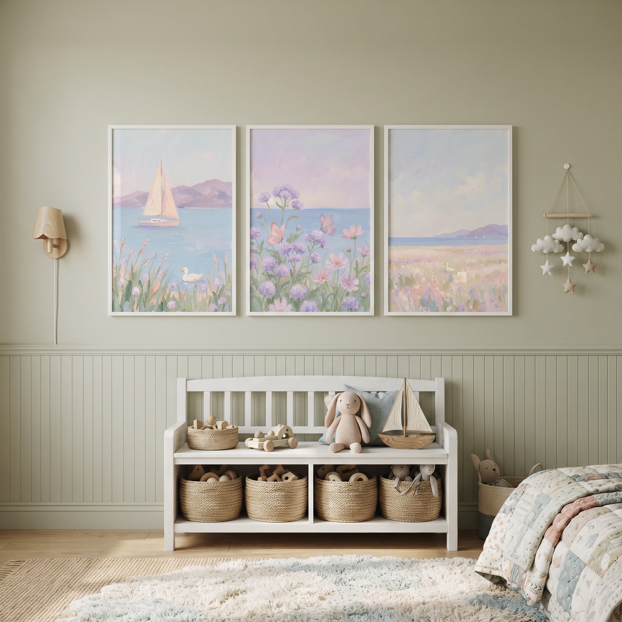 Hazy Purple Coastal Vista Wall Art Set of 3 - Pastel Coastal Calm