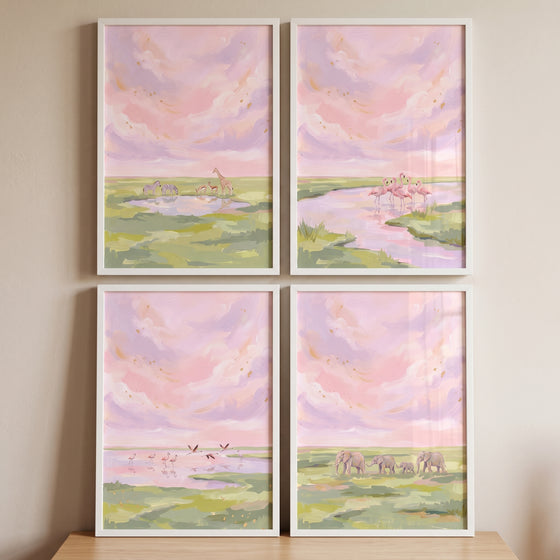 Hazy rose safari animals wall art set of 4 depicts elephants, flamingos, and giraffes in soft, pastel landscapes.