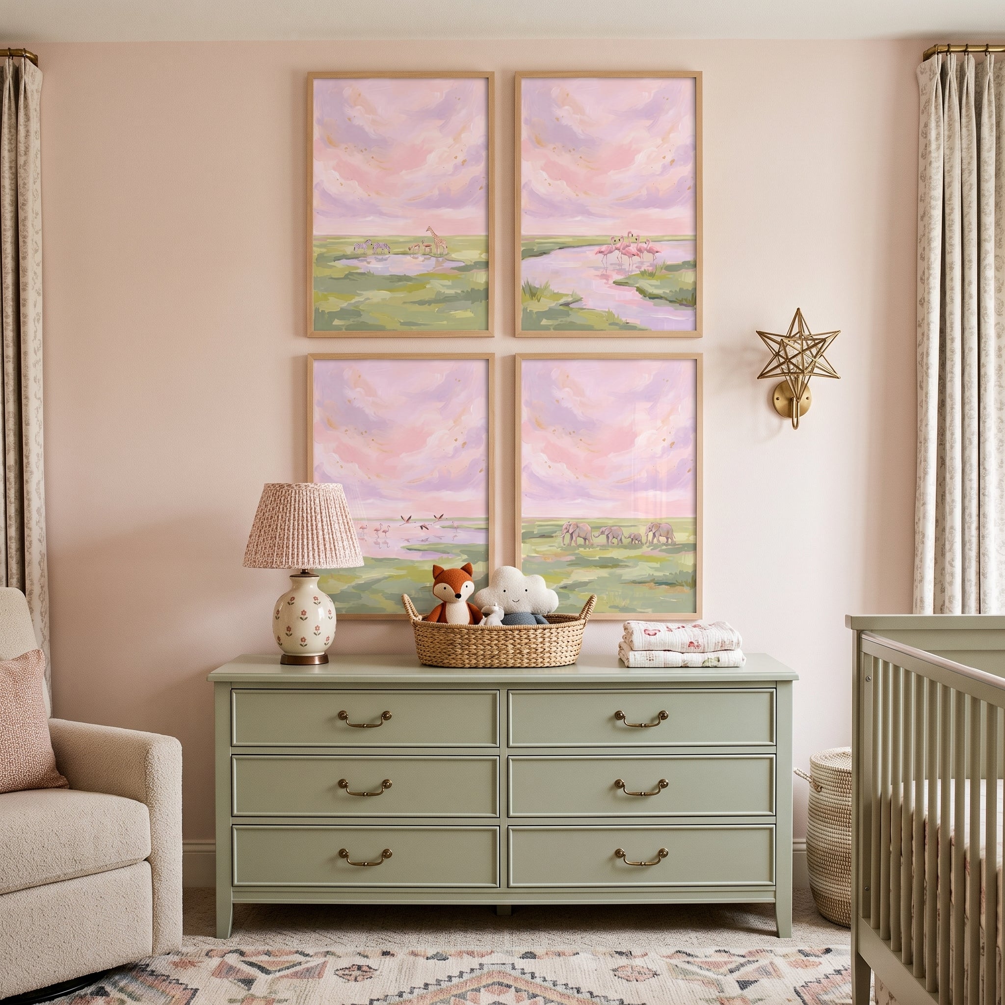 Hazy Rose Safari Animals Wall Art Set of 4 - Serene Safari Skies