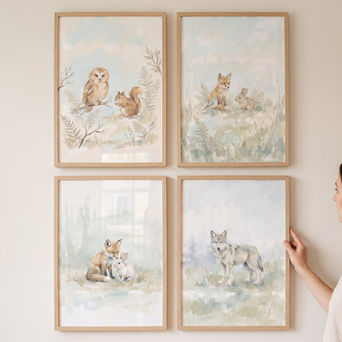 Hazy Sage Forest Animals Wall Art Set of 4 - Whimsical Woodland Animals