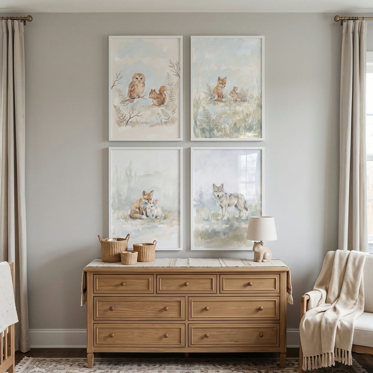 Hazy Sage Forest Animals Wall Art Set of 4 - Whimsical Woodland Animals