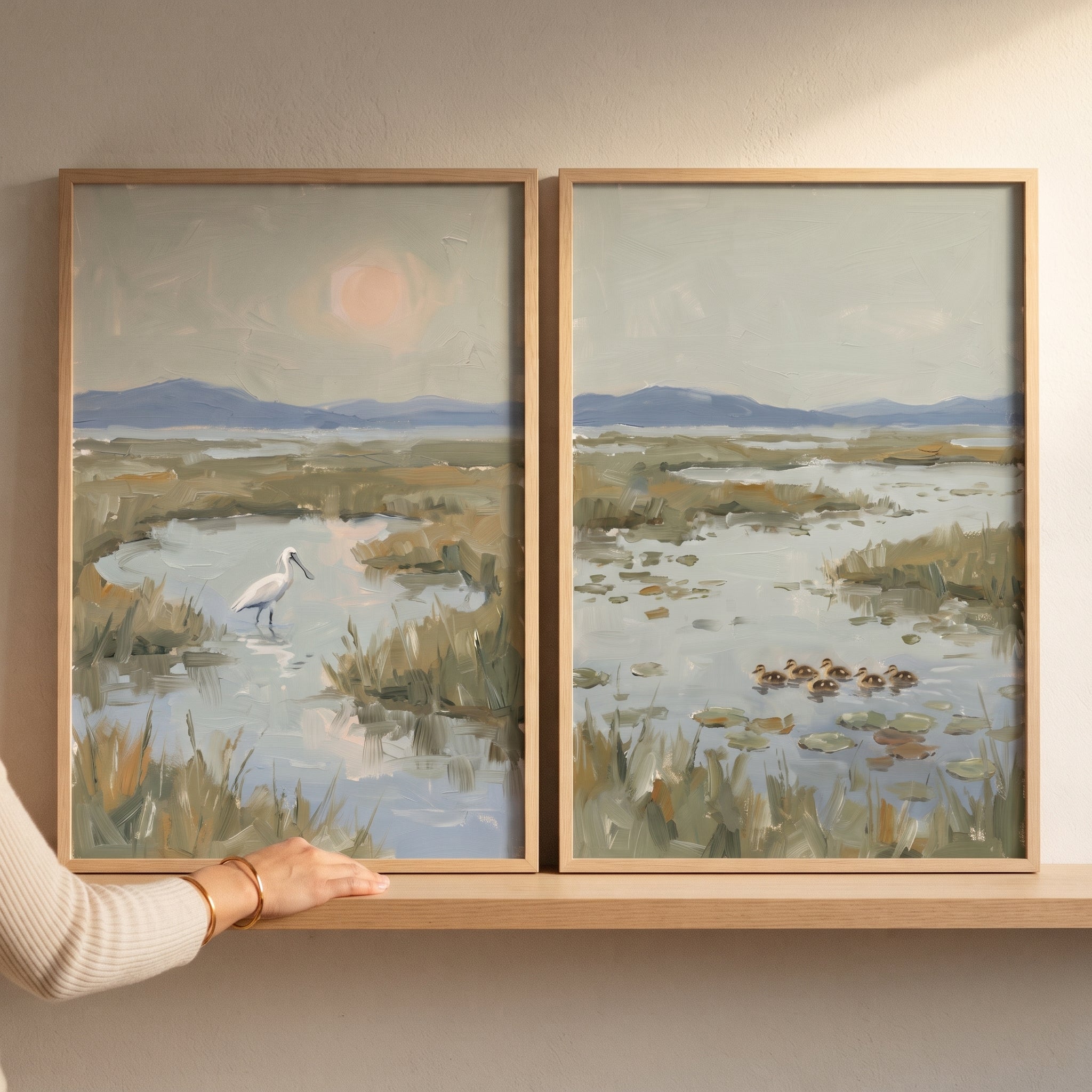 Hazy Sage Marsh Wildlife Animals Wall Art Set of 2 - Morning Marsh Glow
