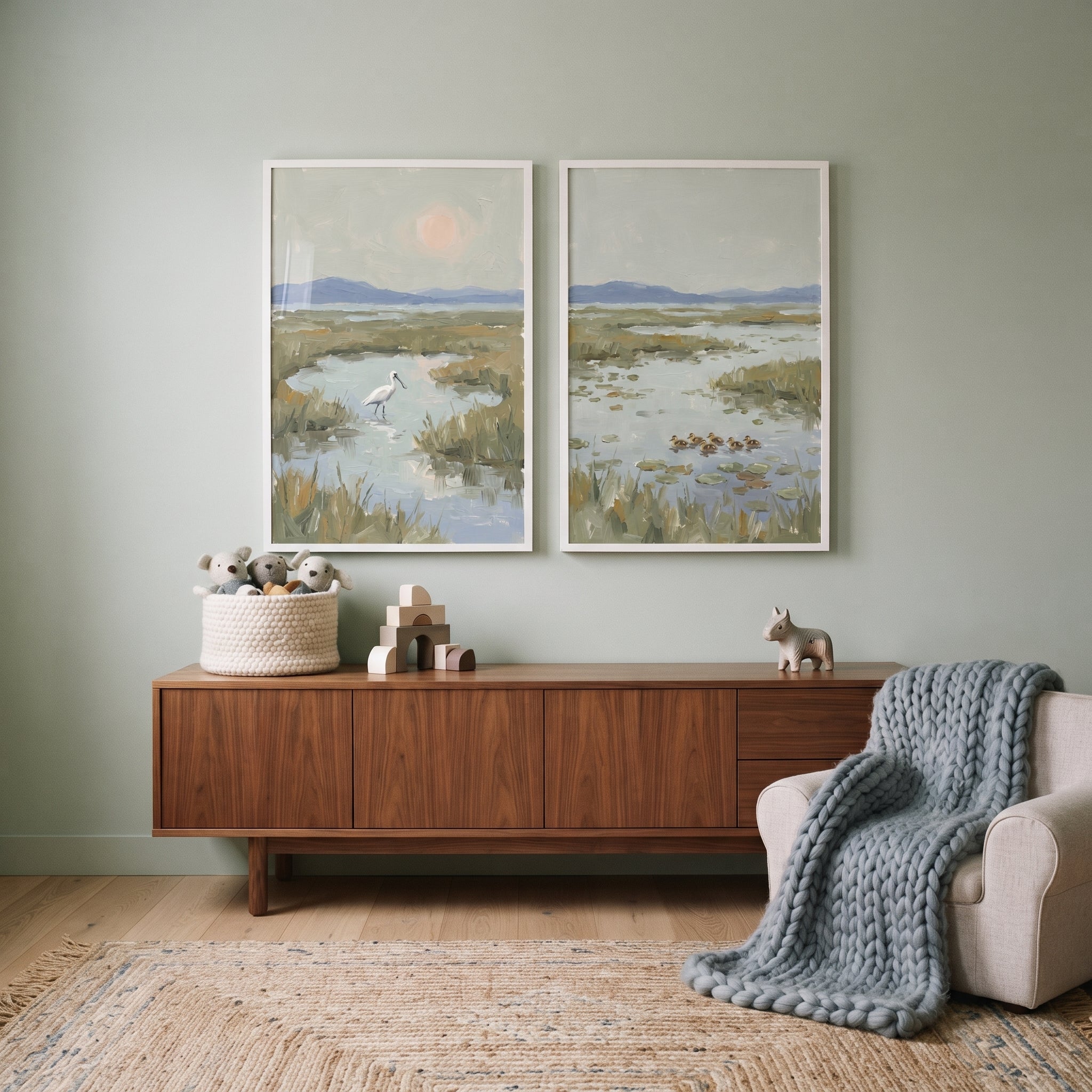 Hazy Sage Marsh Wildlife Animals Wall Art Set of 2 - Morning Marsh Glow