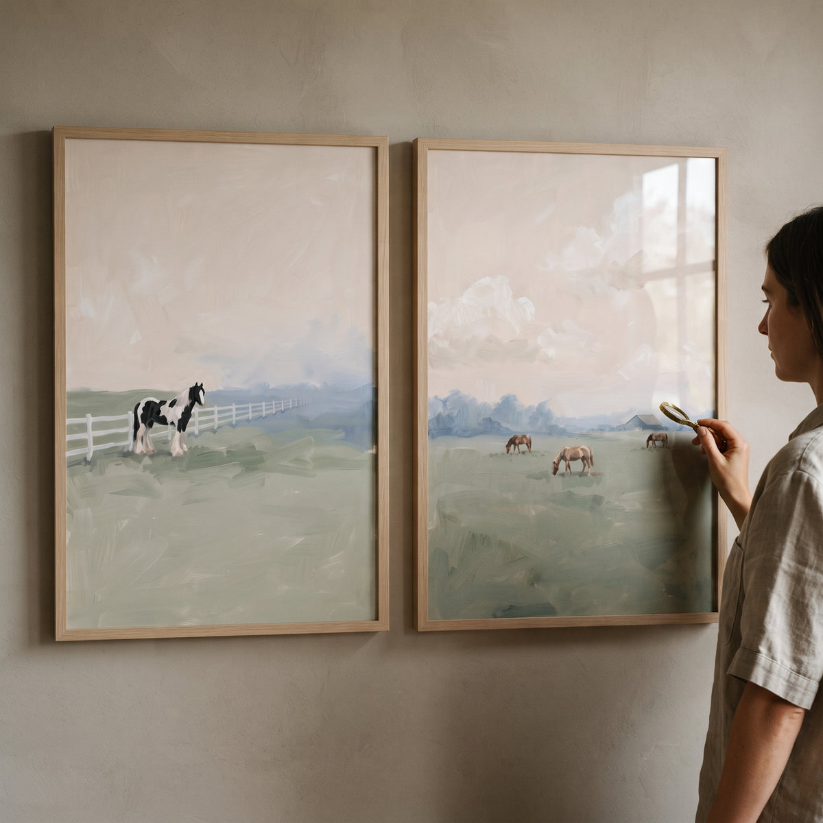 Hazy Sunset Pasture Horses Wall Art Set Of 2 - Quiet Country Morning
