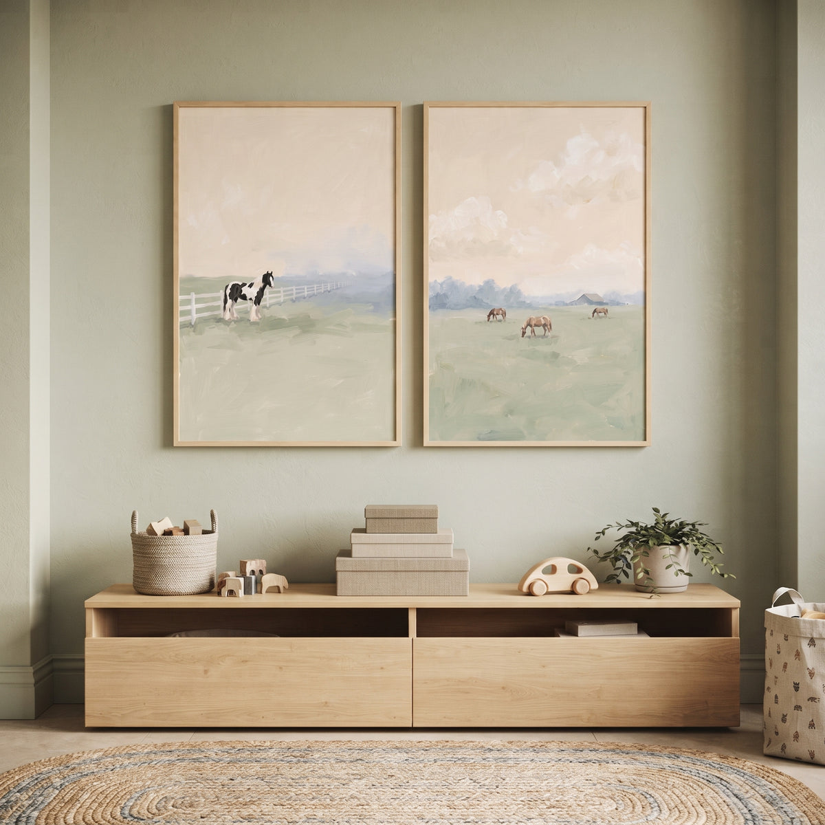 Hazy Sunset Pasture Horses Wall Art Set Of 2 - Quiet Country Morning