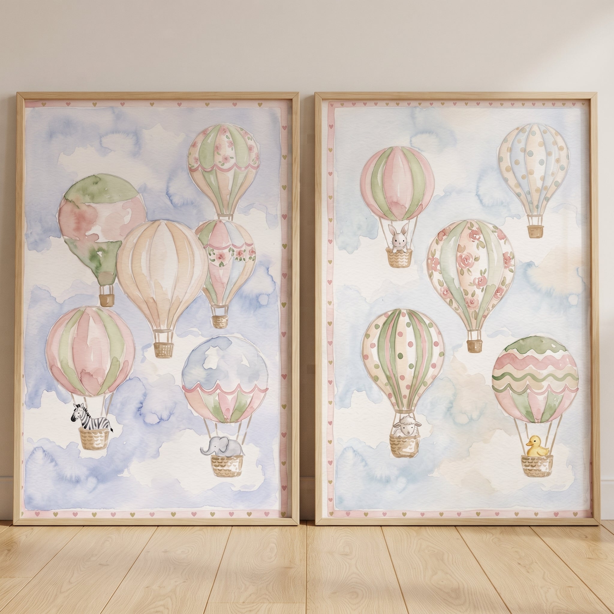 Heart Hot Air Balloon Wall Art Set Of 2 - Whimsical Balloon Voyage