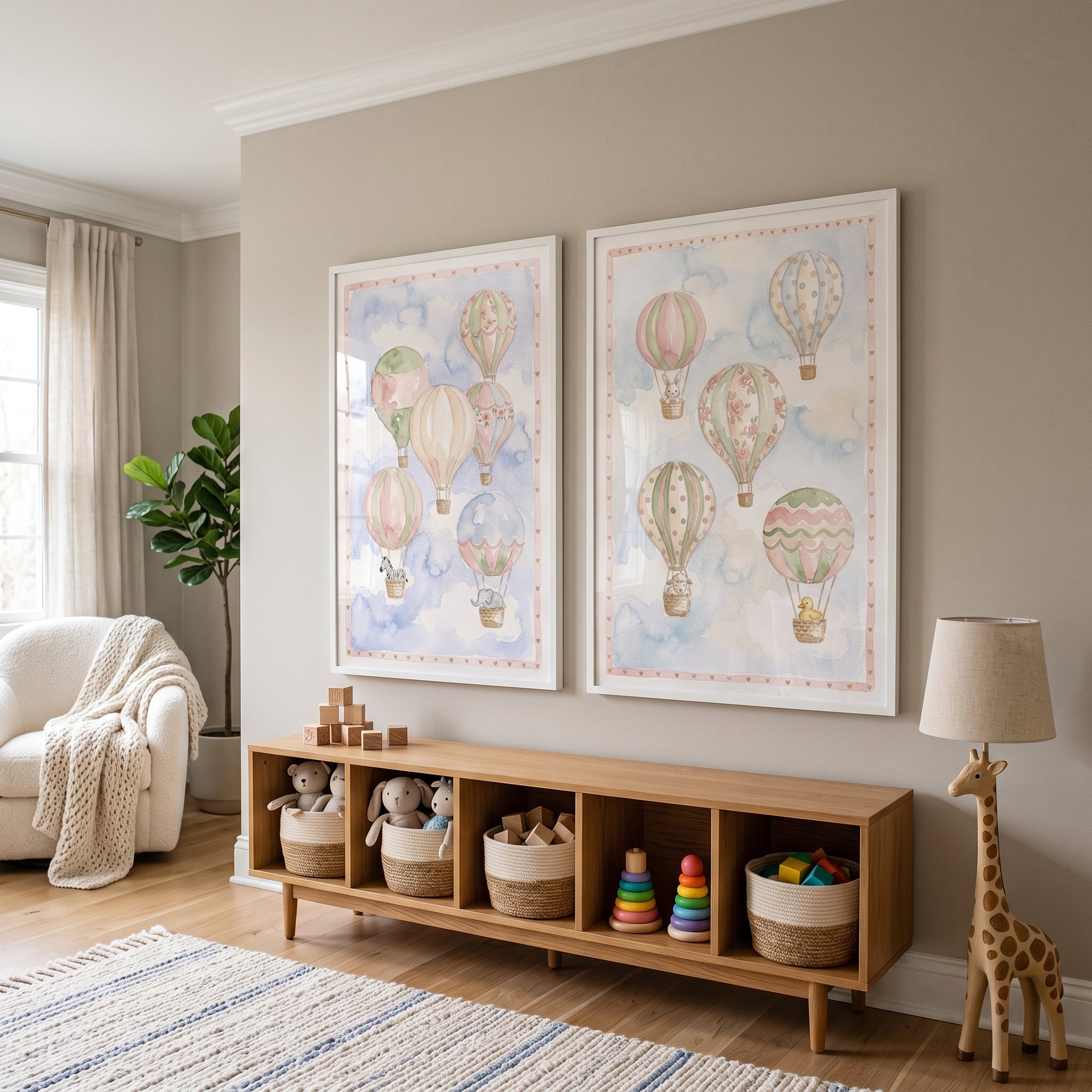 Heart Hot Air Balloon Wall Art Set Of 2 - Whimsical Balloon Voyage