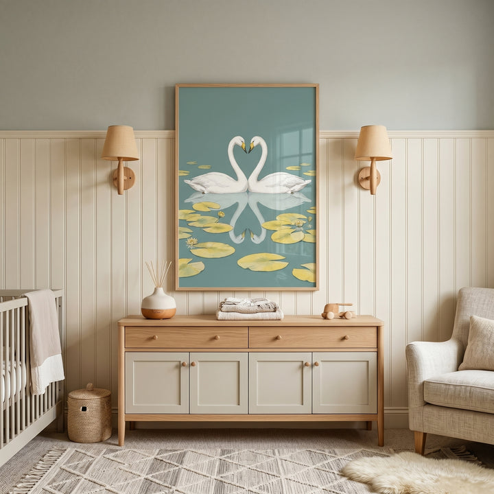Heart neck white swan wall art hangs above a wooden dresser in a neutral nursery with wall lamps and a cozy armchair.